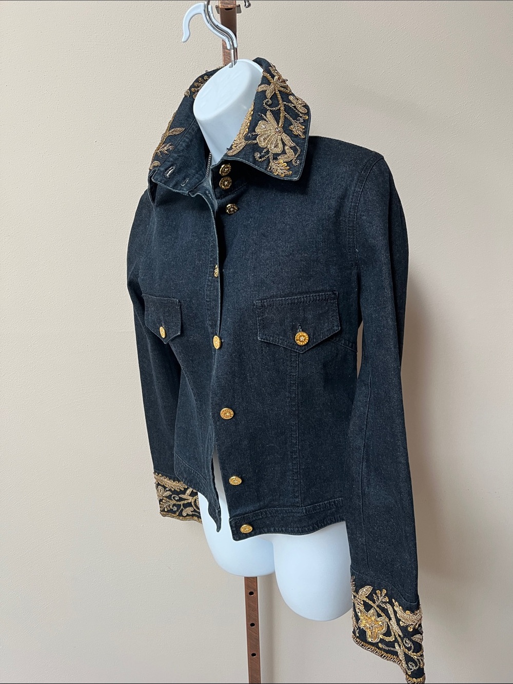 Julien Macdonald dark blue Jean Jacket with gold accents and sequins. Sz S